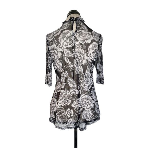 Womens Blouse Top Size Medium Mesh Sheer High Neckline Floral Print Ruffle Black - Picture 3 of 12
